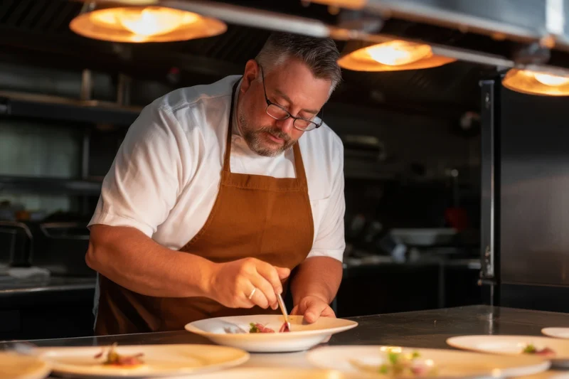 Chef plating a dish in a professional kitchen