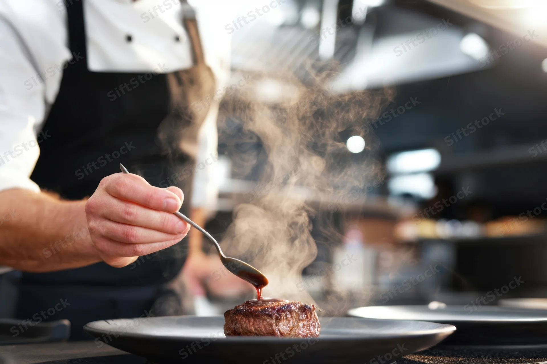 Chef plating a seared steak with sauce on a dark plate in a restaurant kitchen
