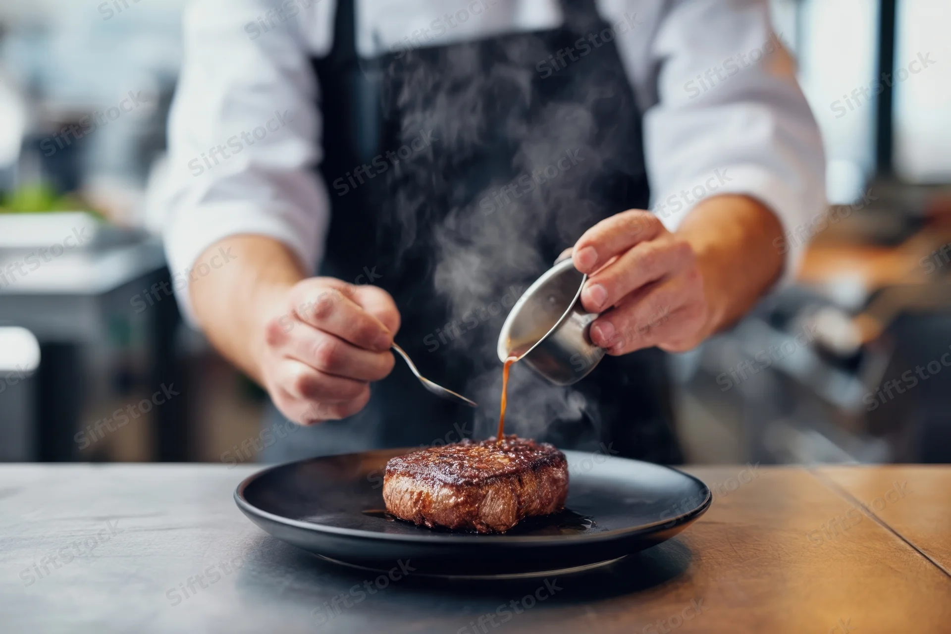 Chef pouring sauce over seared steak on dark plate in kitchen