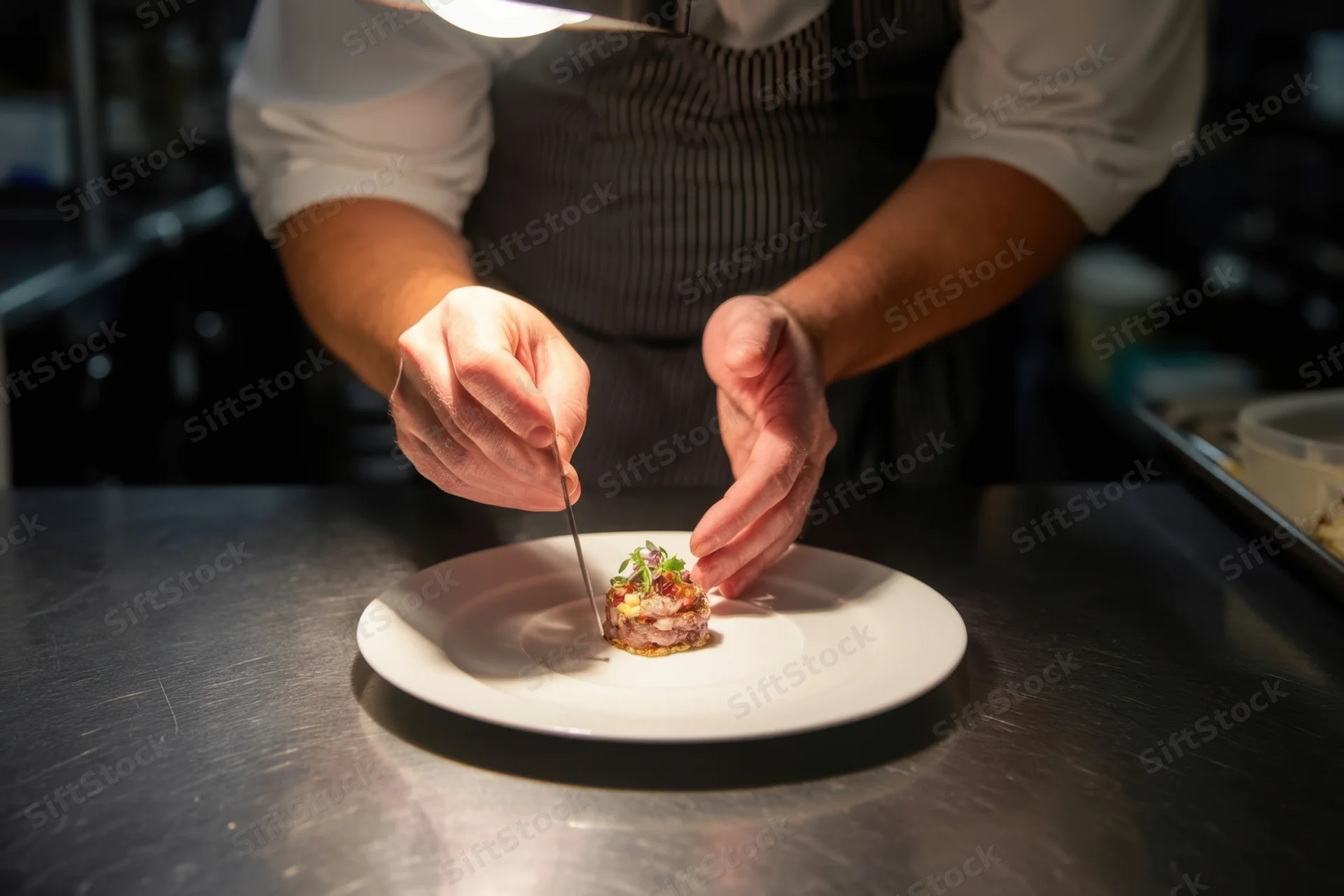 Chef plating a small colorful appetizer on a white plate in a kitchen