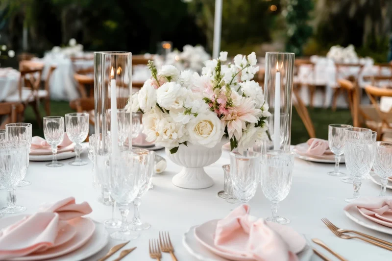 White and blush floral centerpiece on a set wedding table outdoors with glassware and napkins