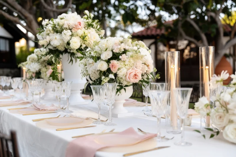 Wedding reception table set with white and blush floral centerpieces, gold cutlery, and candles under trees at evening