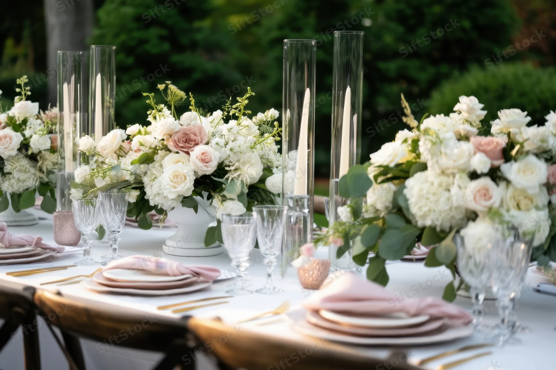 Outdoor wedding reception table set with white and blush floral centerpieces, tall candles, crystal stemware, and gold cutlery on a garden lawn at dusk
