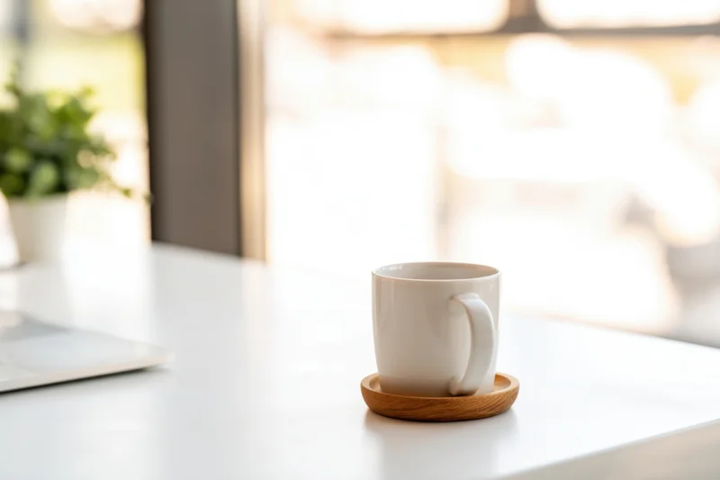 White ceramic mug on wooden coaster on clean desk beside silver laptop near window