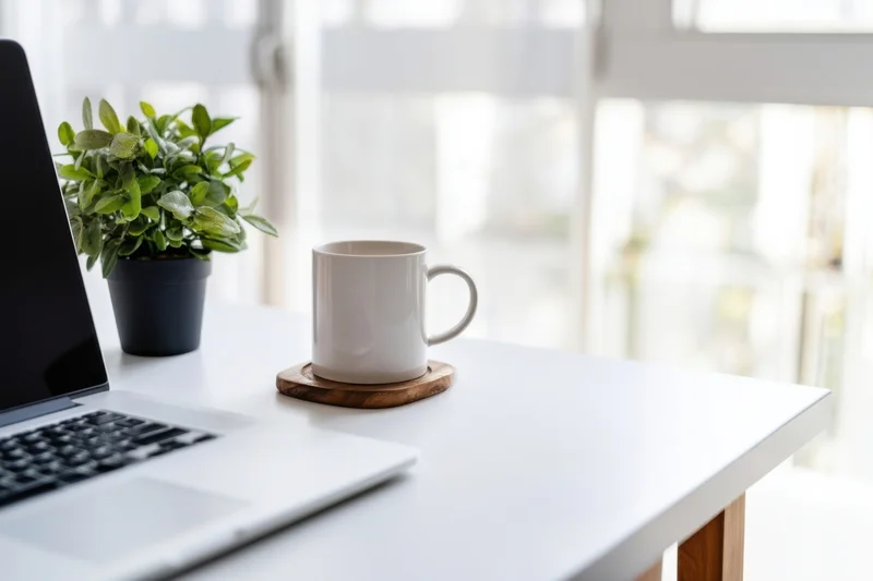 White desk with laptop, mug on coaster, and potted plant near window