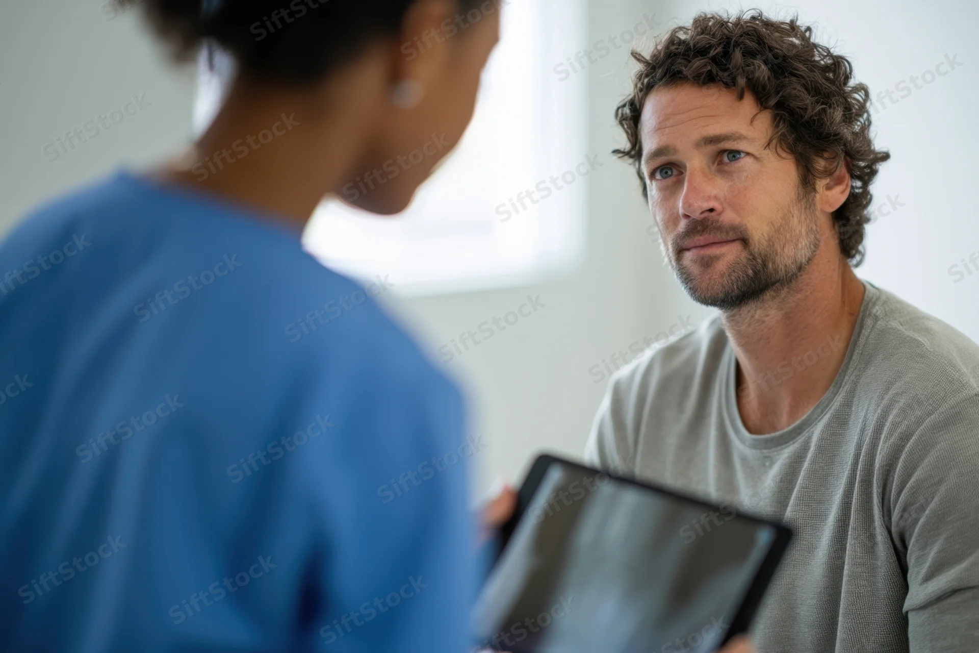 Male patient in gray shirt discussing health with female clinician in blue scrubs holding tablet during consultation in clinic