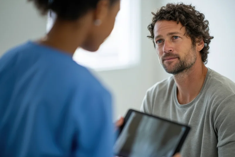 Male patient in gray shirt discussing health with female clinician in blue scrubs holding tablet during consultation in clinic