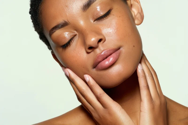 Woman with closed eyes touching her face and neck in a studio setting