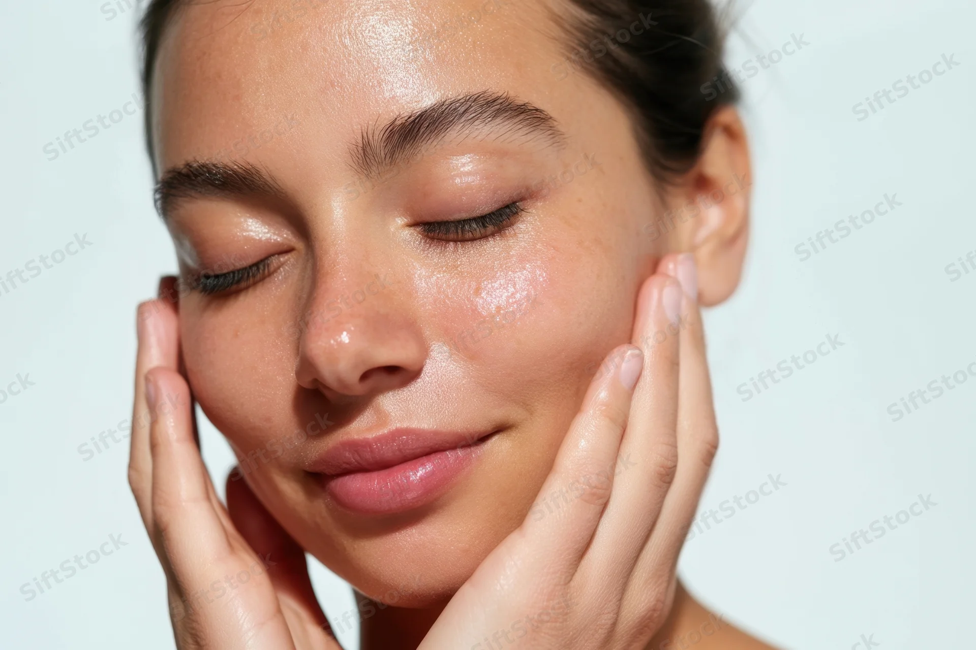 Woman with closed eyes touching her face with hands, showing dewy skin in closeup portrait