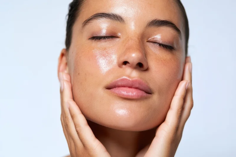 Woman with closed eyes touching her face in closeup portrait