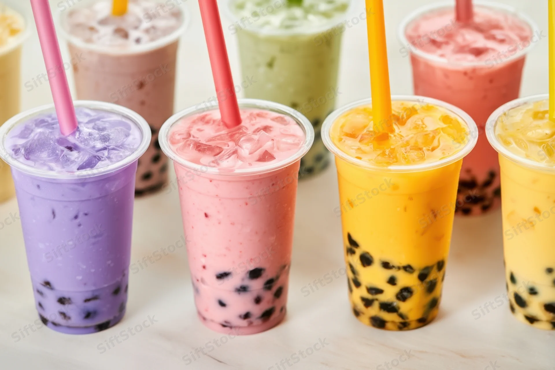 Colorful bubble tea drinks with tapioca pearls in clear plastic cups arranged in rows on a light surface