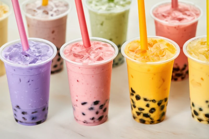 Colorful bubble tea drinks with tapioca pearls in clear plastic cups arranged in rows on a light surface