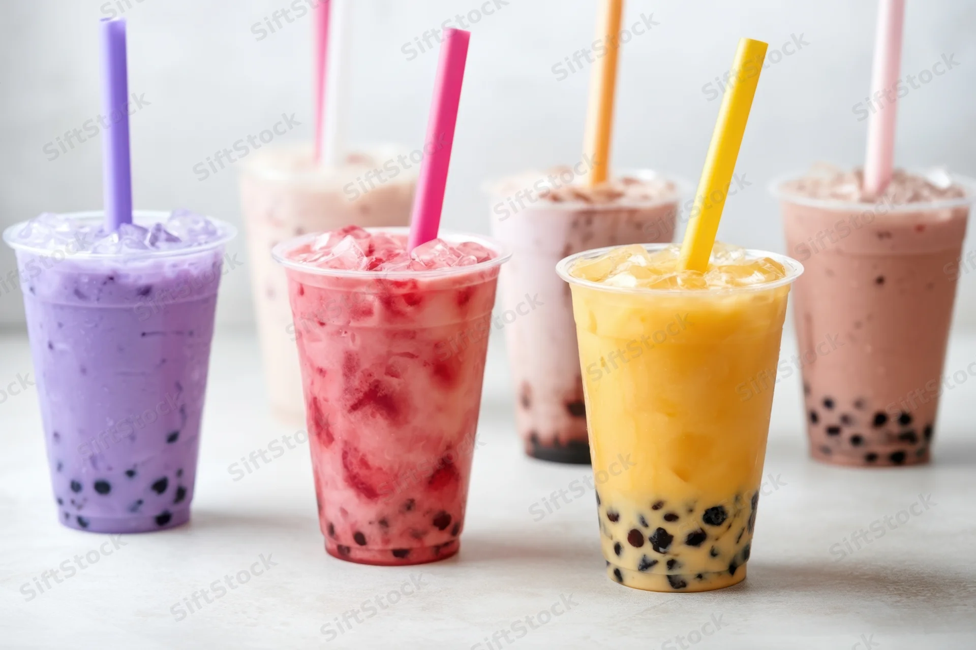 Colorful bubble tea drinks with tapioca pearls and straws arranged on a light surface