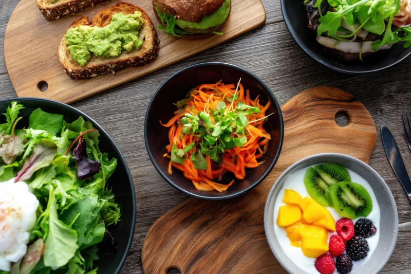 Overhead view of a brunch spread with avocado toast, salads, yogurt with fruit, and carrot salad on wooden boards and bowls on a rustic table