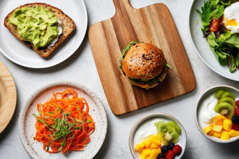 Overhead view of a brunch spread with avocado toast, burger, salad, yogurt with fruit, and spiralized carrots on a white table