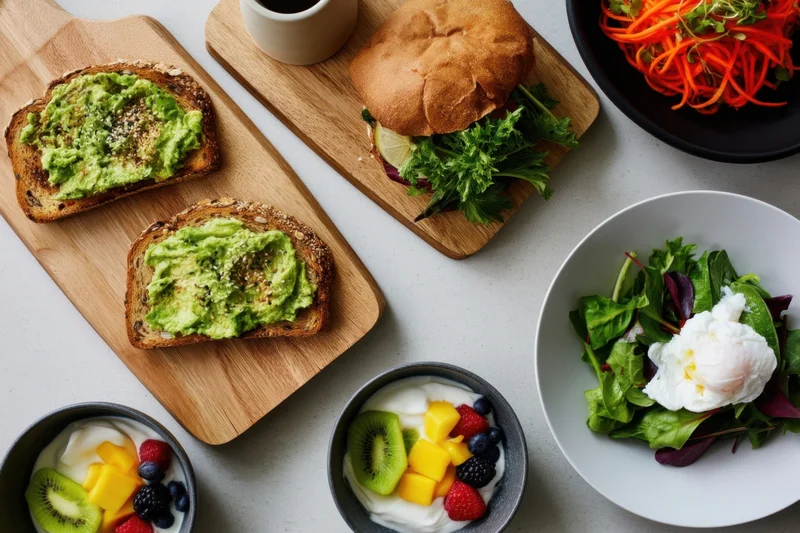 Overhead view of a brunch spread with avocado toast, salad, yogurt bowls, and a sandwich on wooden boards and plates