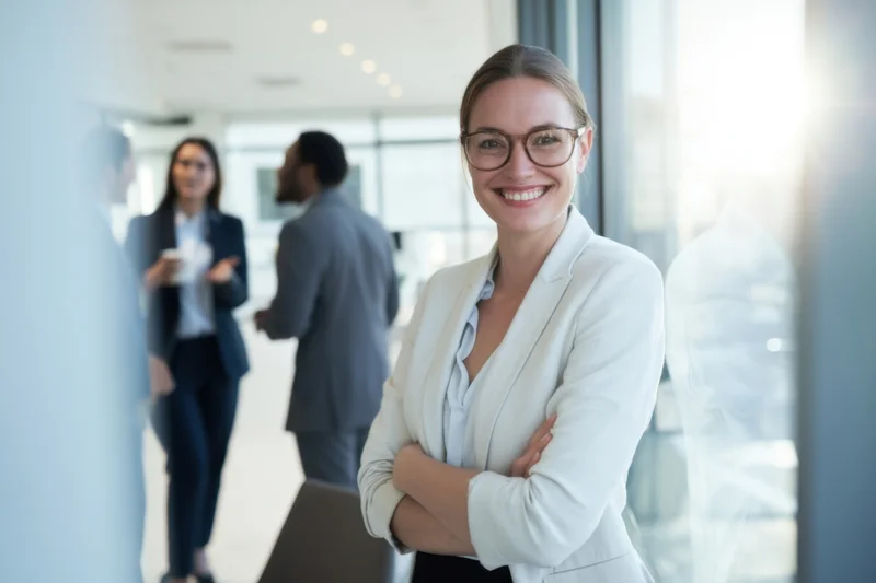Woman in white blazer smiling with arms crossed in modern office space