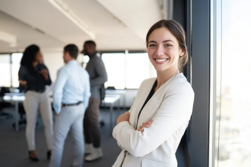 Woman in light blazer smiling with arms crossed while leaning against window in modern office with colleagues in background