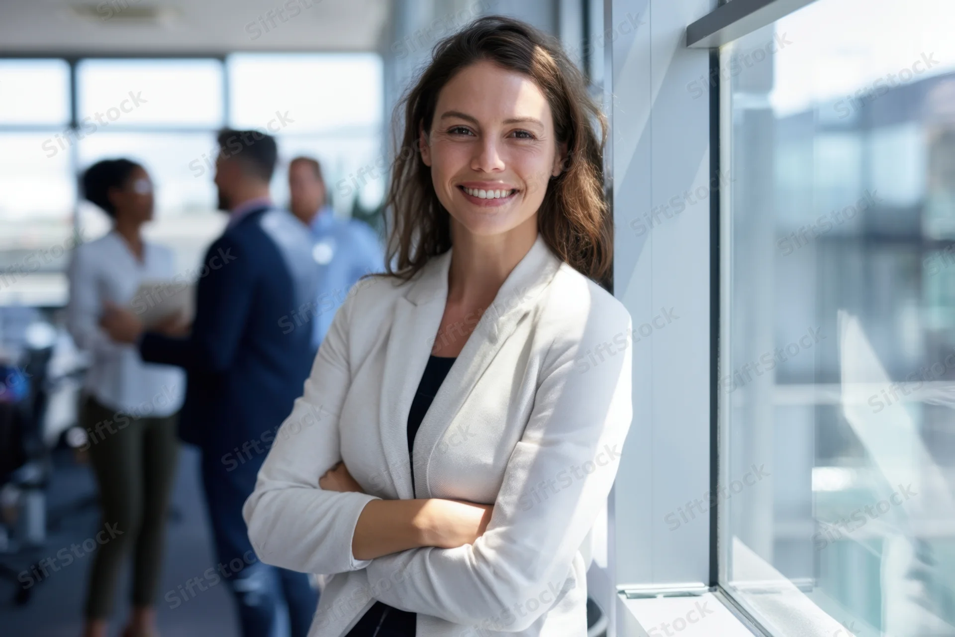 Woman in white blazer leaning by window with arms crossed in modern office space