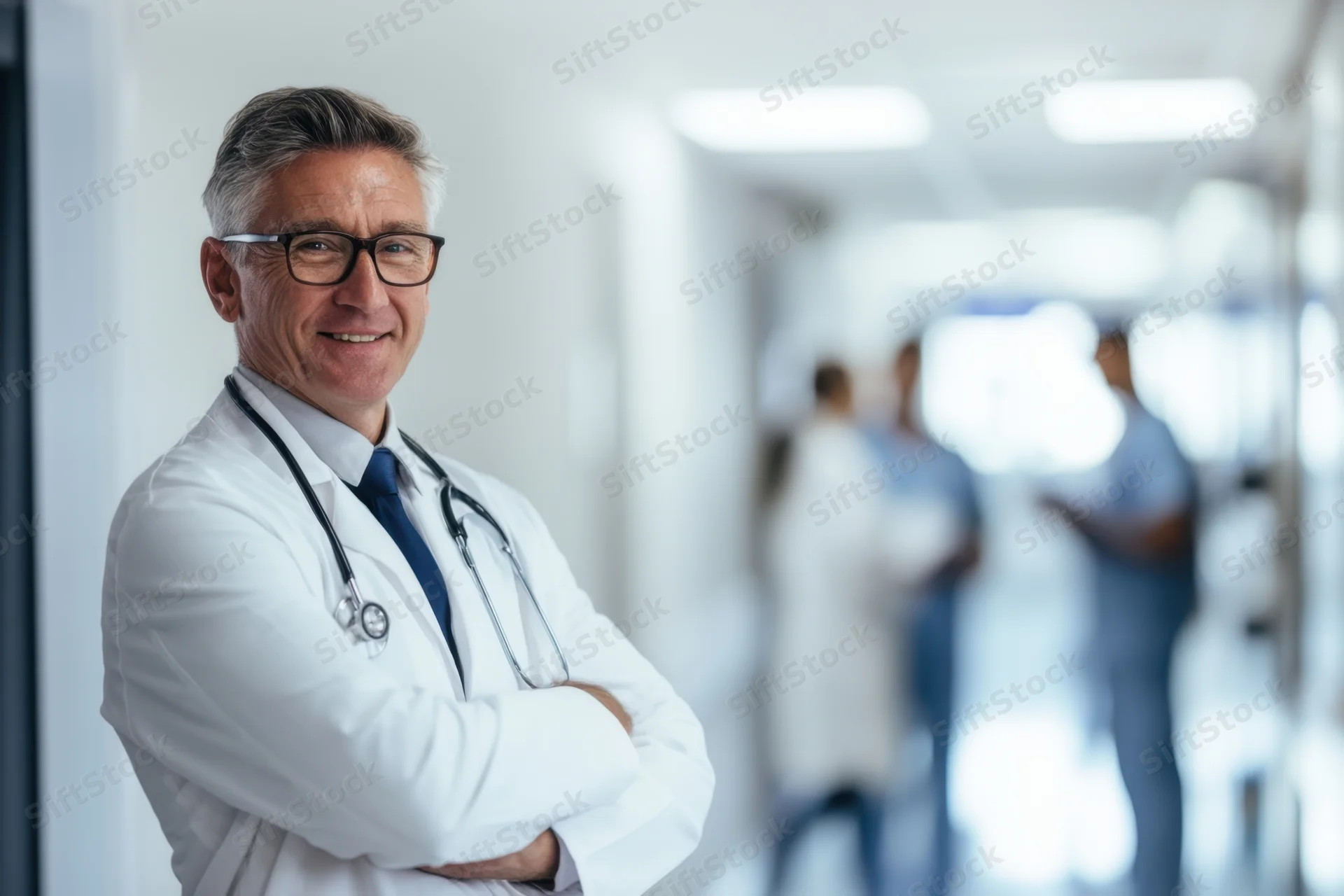 Senior male doctor smiling with arms crossed in hospital corridor