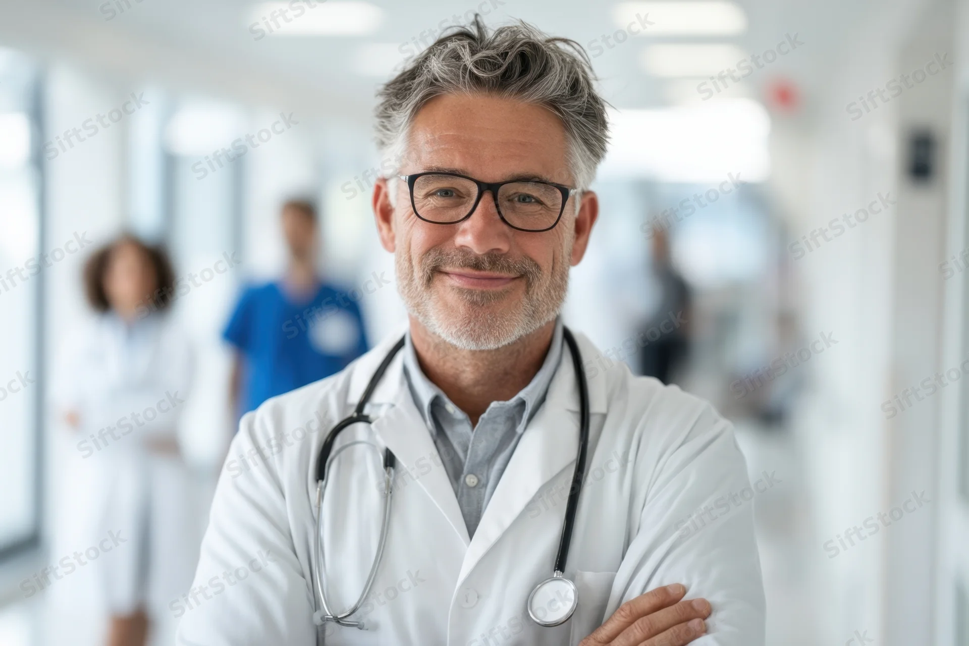 Senior male doctor in white lab coat with stethoscope smiling with arms crossed in hospital corridor