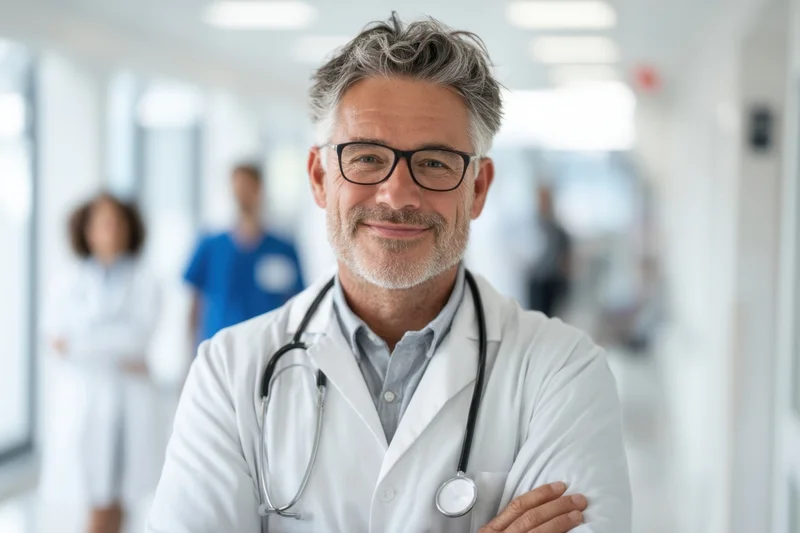 Senior male doctor in white lab coat with stethoscope smiling with arms crossed in hospital corridor