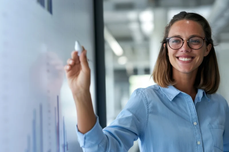 Woman in blue shirt smiling while writing on whiteboard with marker in office