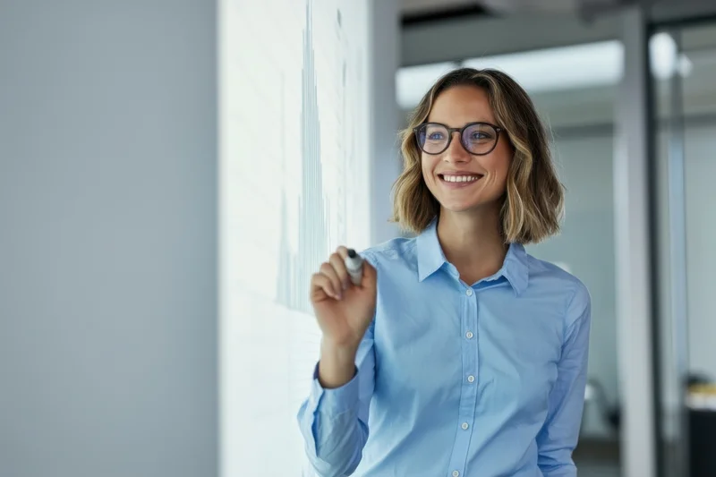 Woman smiling while presenting data on whiteboard in office