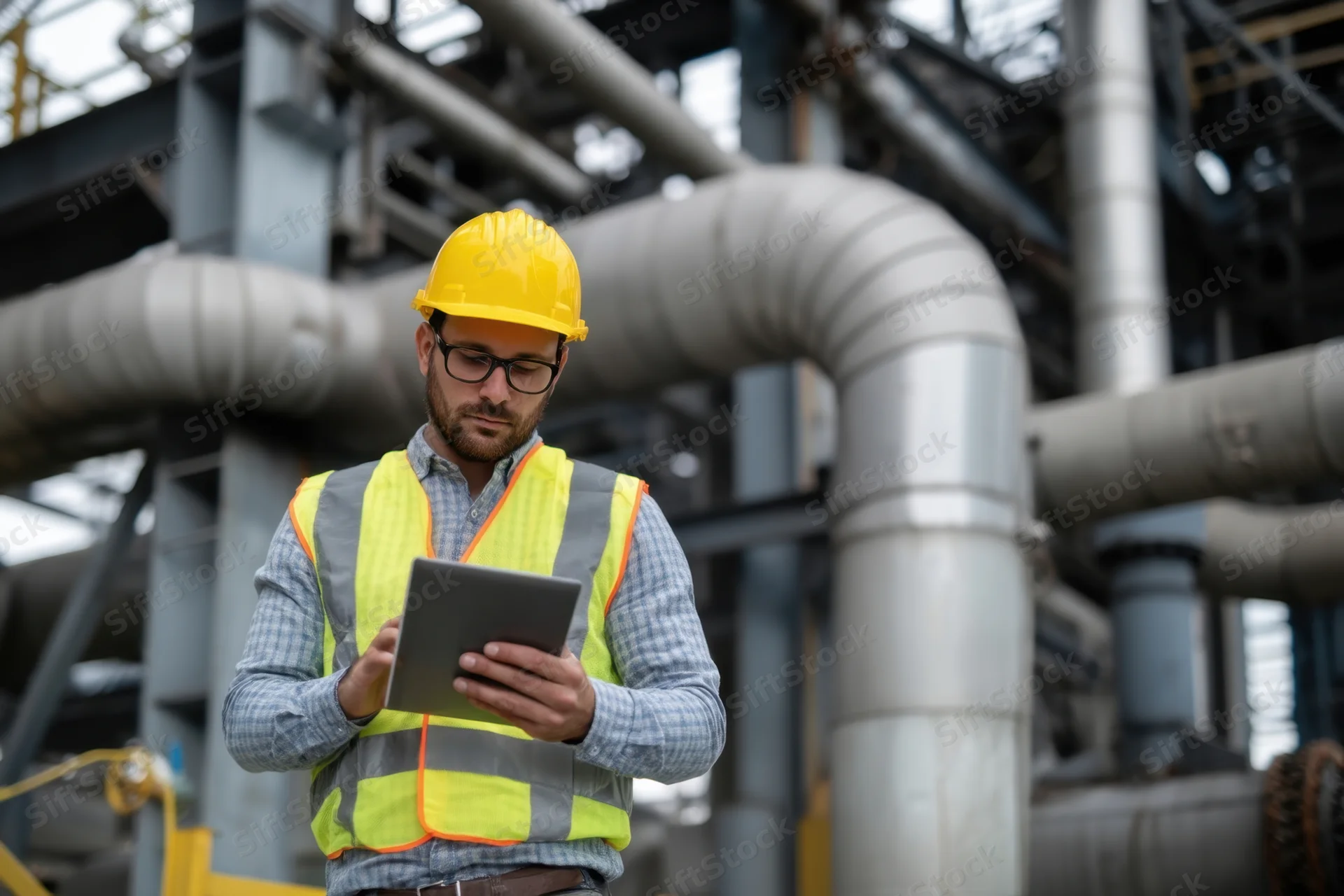 Engineer in yellow hardhat and reflective vest using tablet during inspection at industrial plant