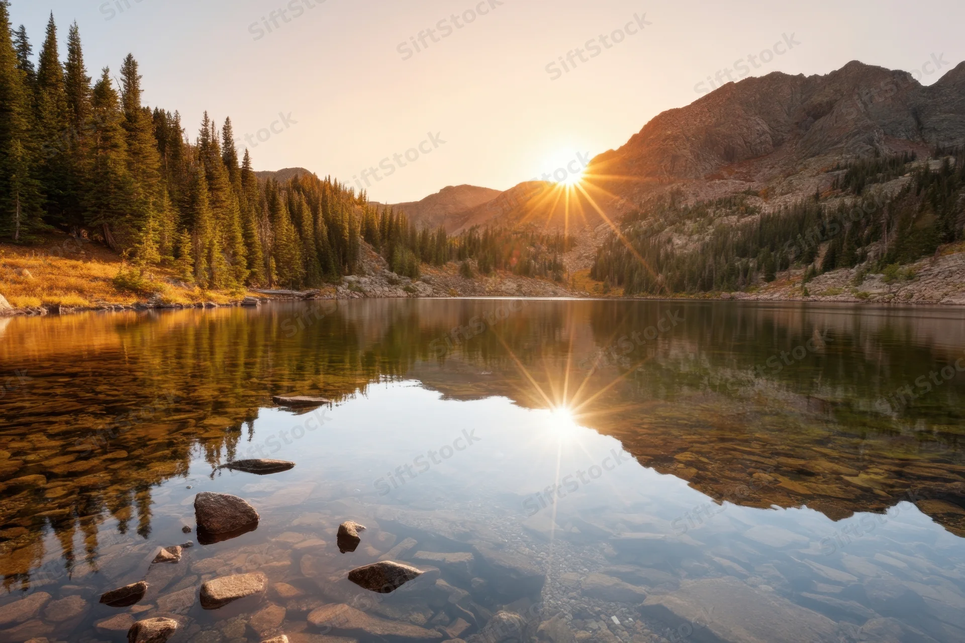 Alpine lake reflecting pine trees and rugged mountains at sunset