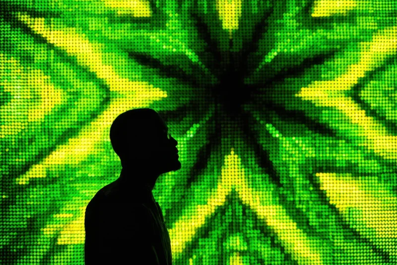 Silhouette of a man in profile viewing a vibrant green and yellow digital display with geometric patterns