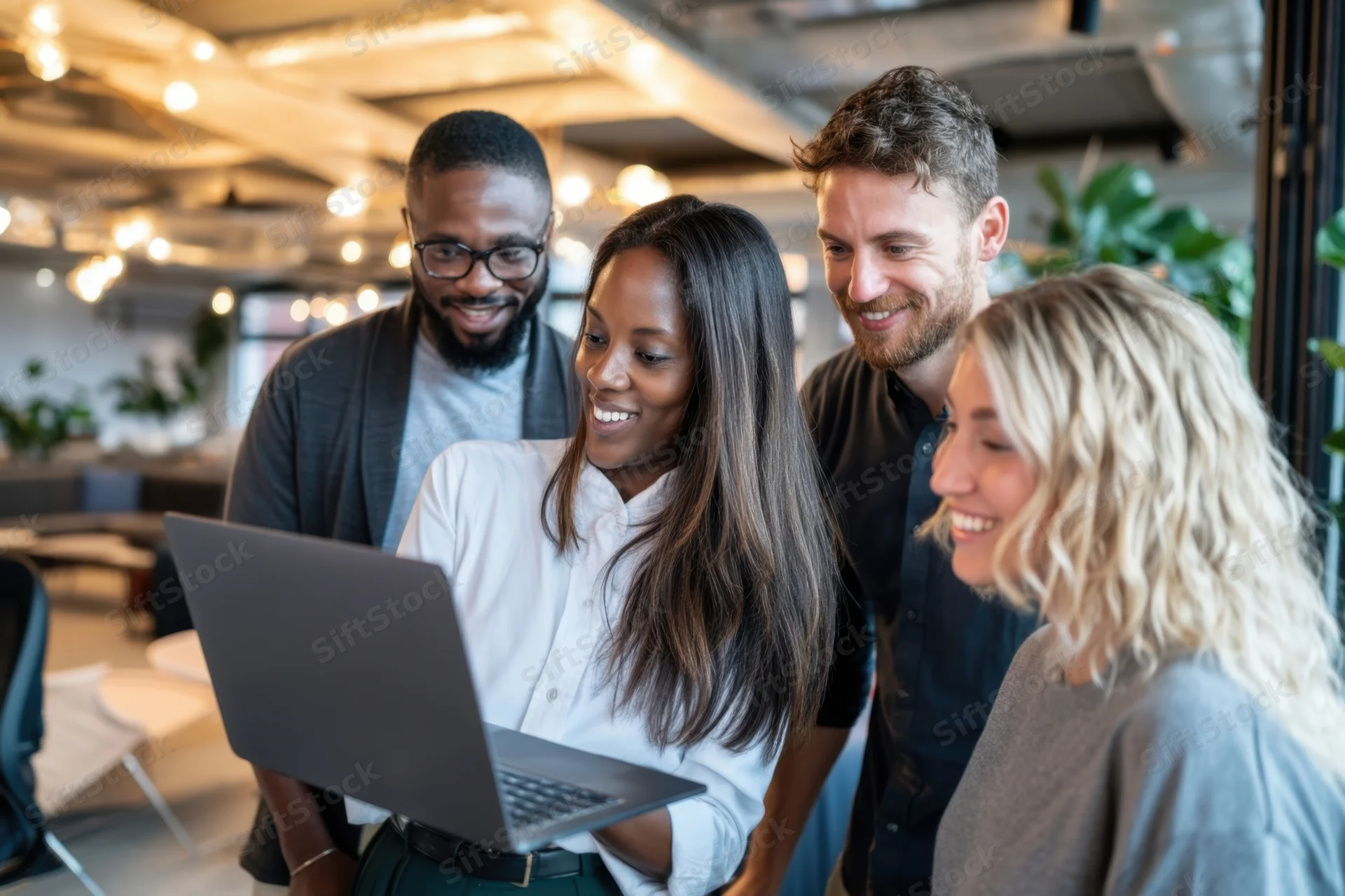 Diverse colleagues collaborating around a laptop in a modern open-plan office