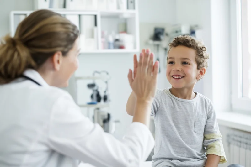 Child smiling and high-fiving doctor in a clinic office
