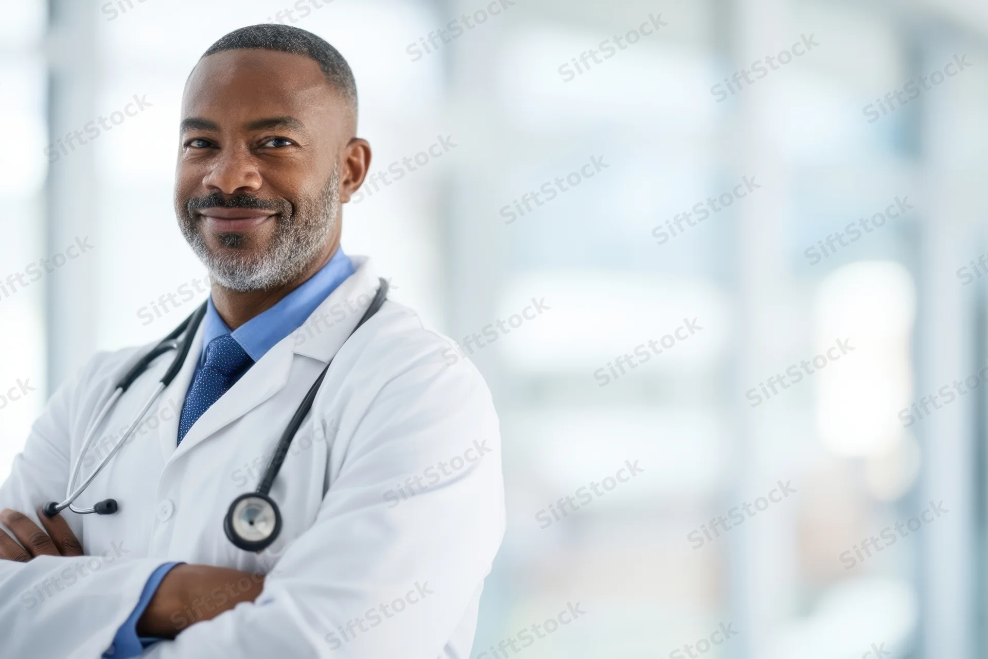 Doctor in white coat with arms crossed and stethoscope around neck in bright clinic interior