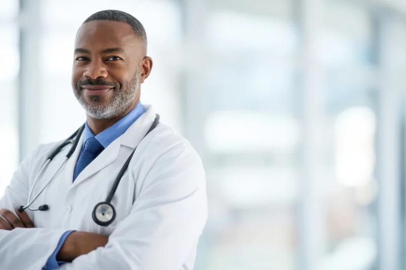 Doctor in white coat with arms crossed and stethoscope around neck in bright clinic interior