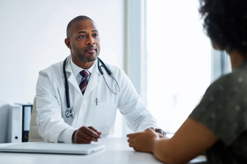 Doctor in white coat with stethoscope around neck consulting patient at desk in clinic