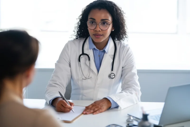Female doctor in white coat writing notes during patient consultation in clinic office