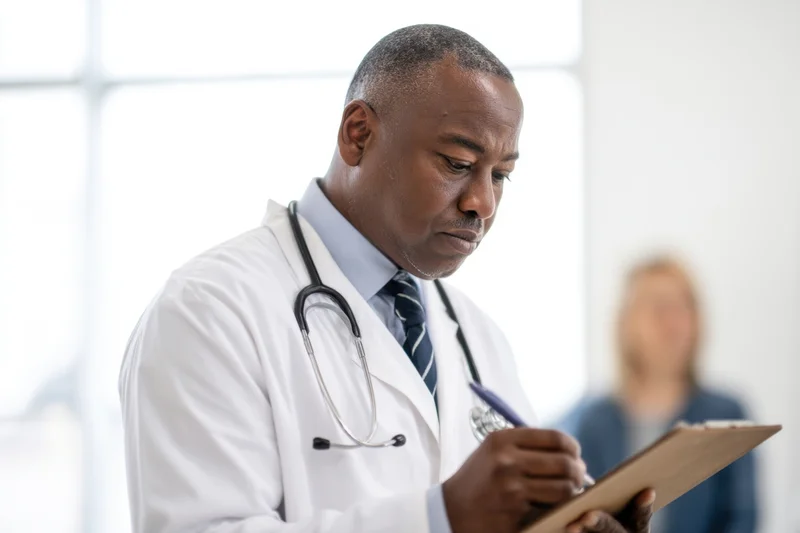 Doctor writing on clipboard in clinic with stethoscope around neck