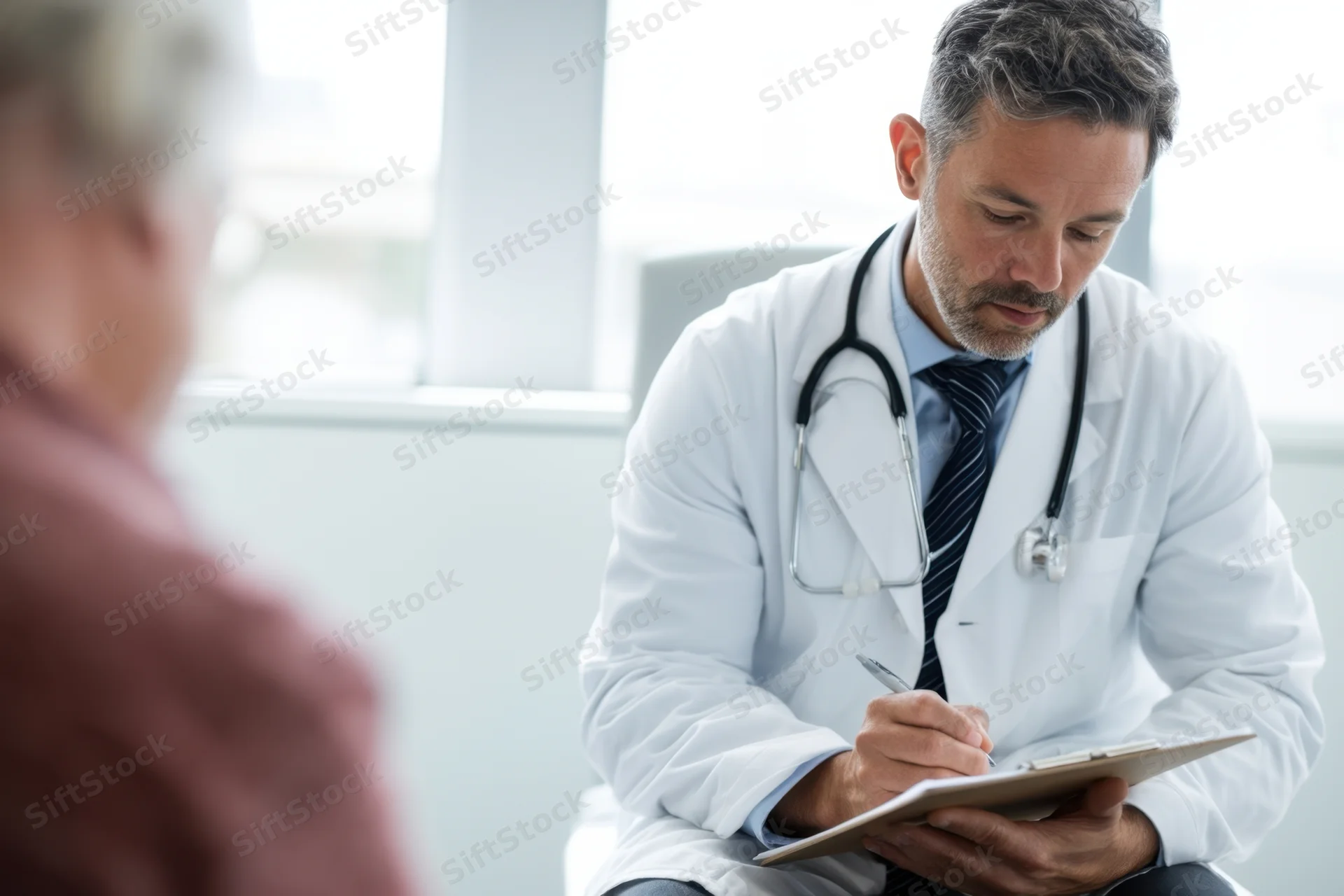 Doctor writing notes on clipboard during patient consultation in clinic