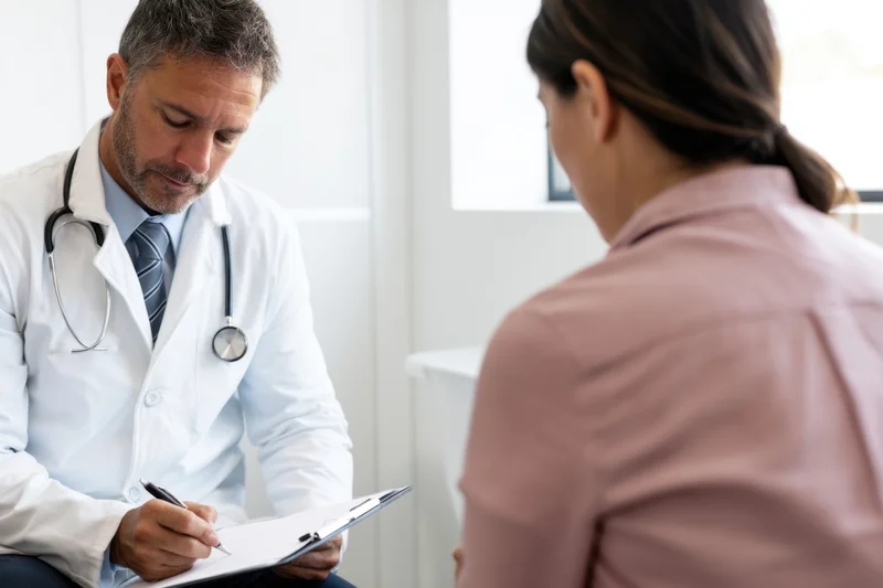 Doctor writing notes on clipboard during patient consultation in clinic