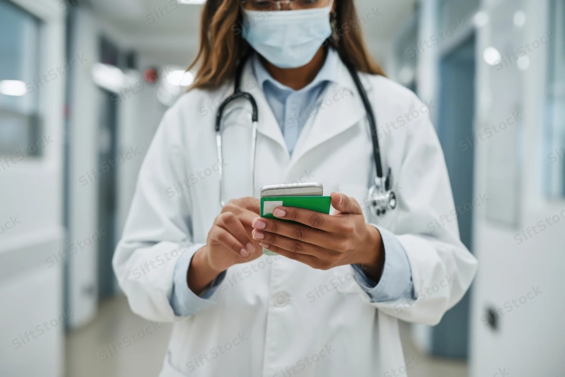 Doctor in white coat scanning green id card with smartphone in hospital hallway