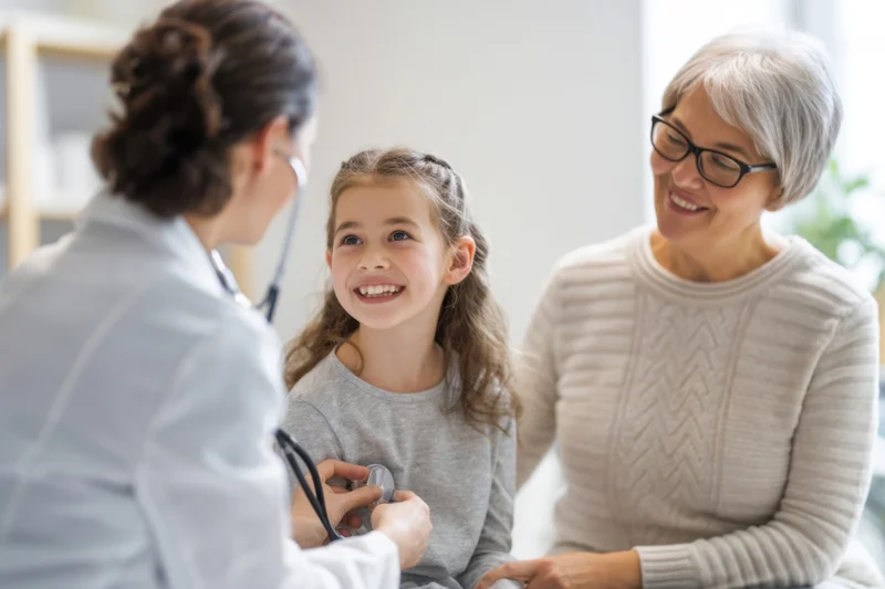 Pediatrician examining a smiling girl with stethoscope while mother looks on in clinic