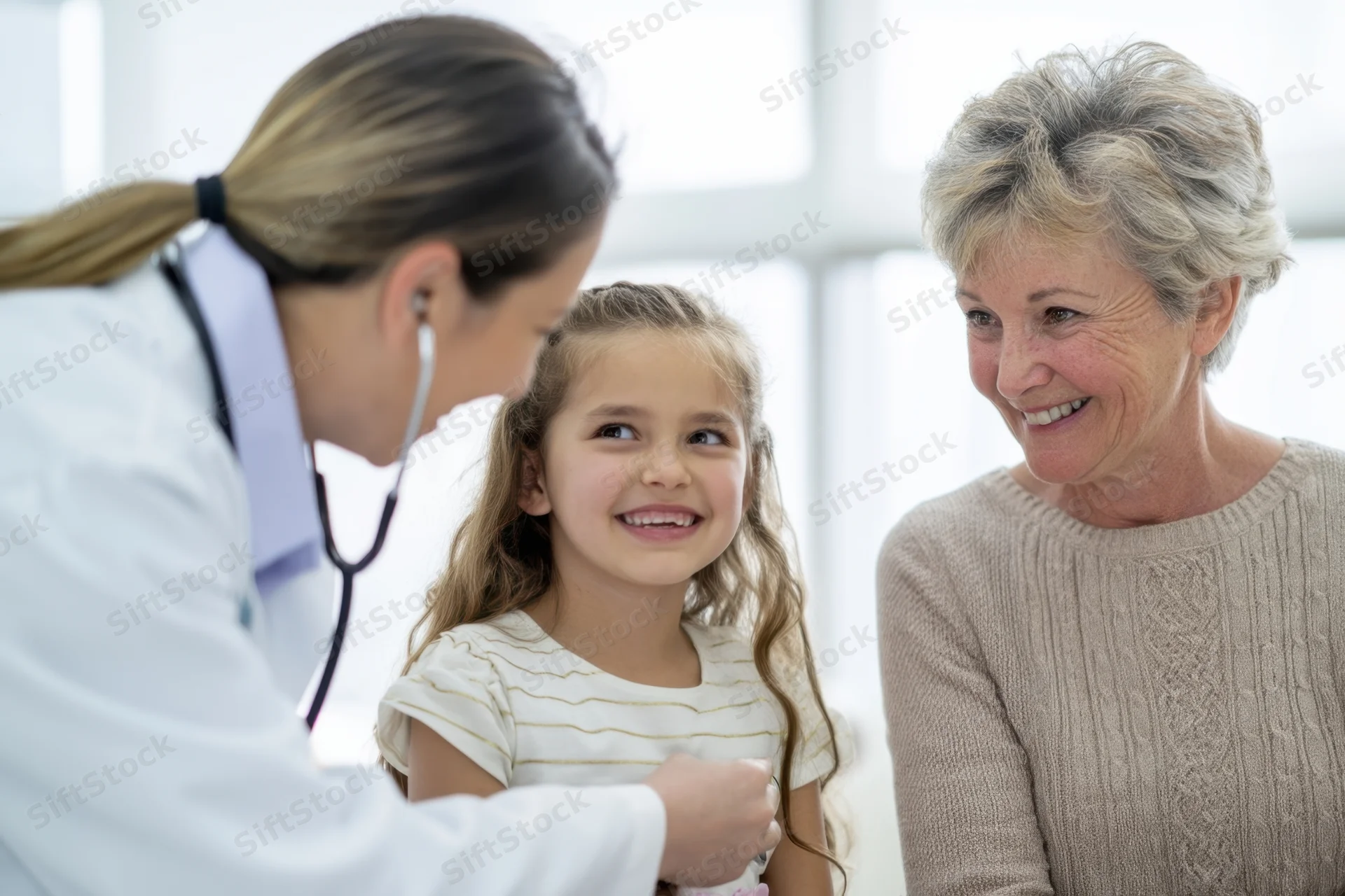 Doctor examining smiling girl with stethoscope while mother looks on in clinic