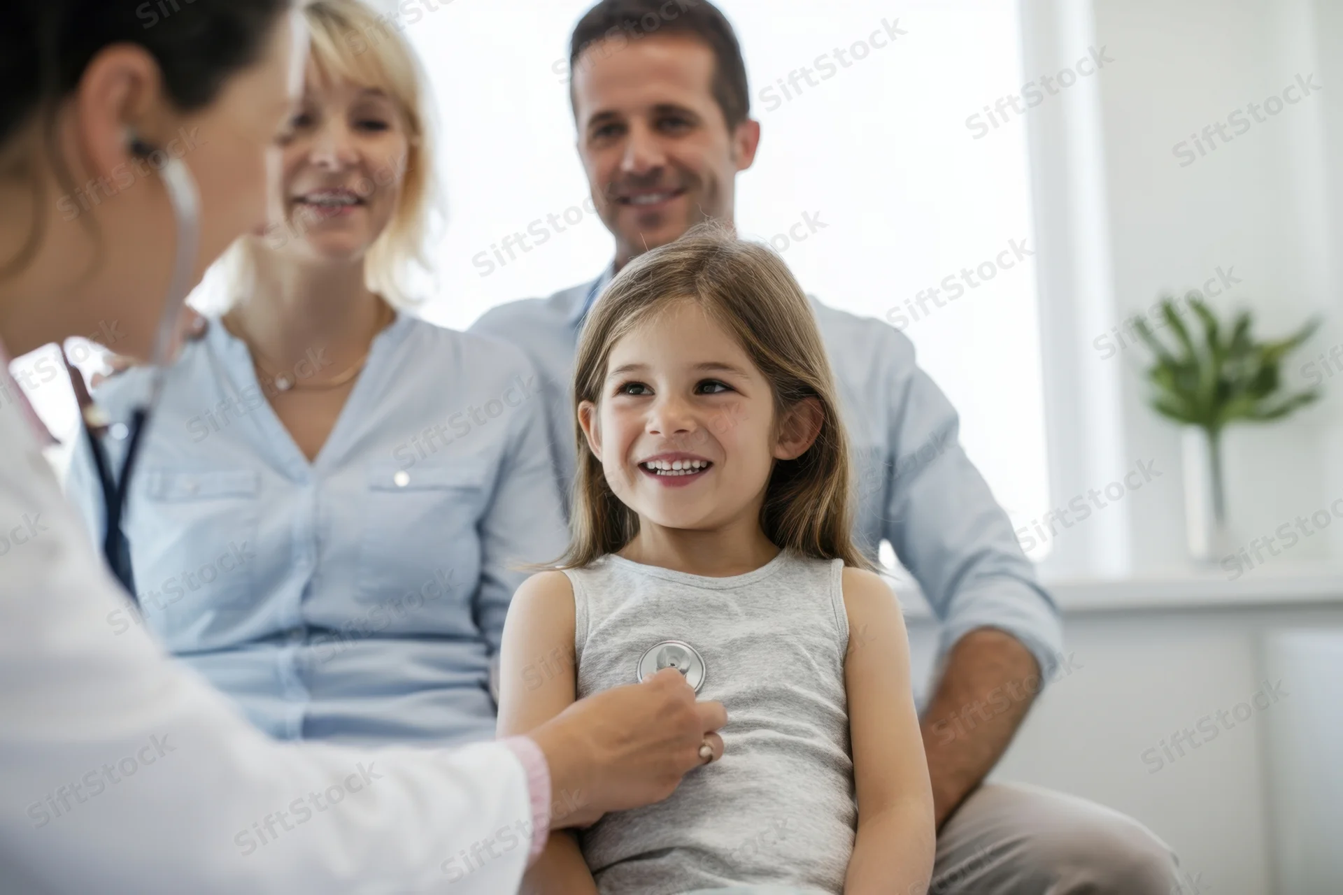 Doctor examining smiling young girl with stethoscope in clinic while parents watch