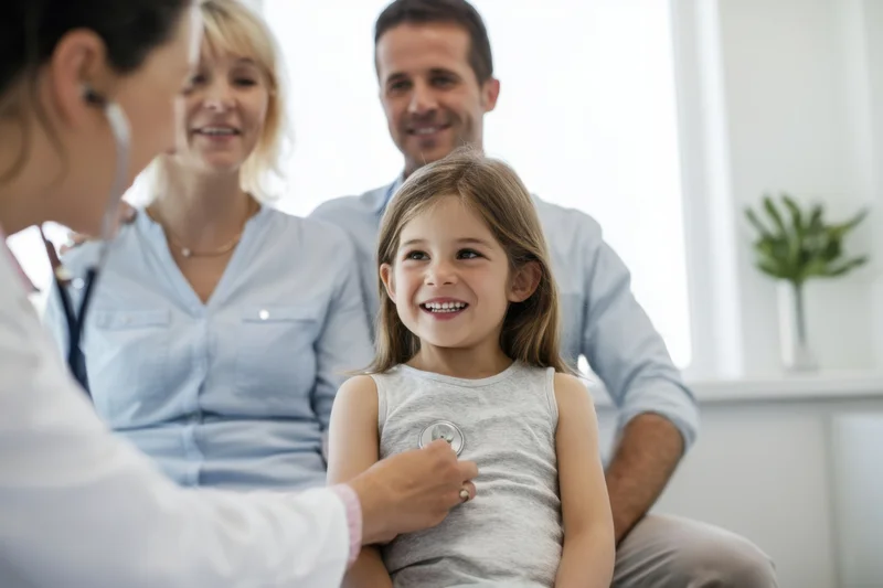 Doctor examining smiling young girl with stethoscope in clinic while parents watch