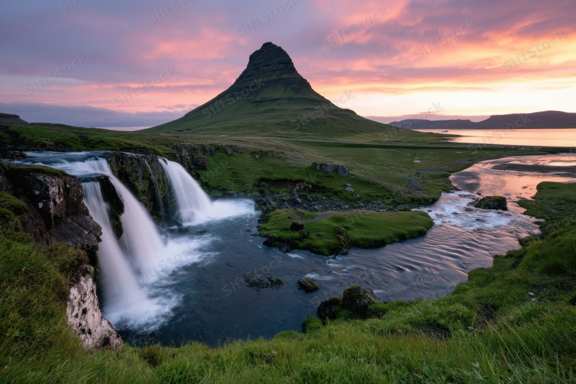 Conical mountain with cascading waterfall at sunset in icelandic landscape