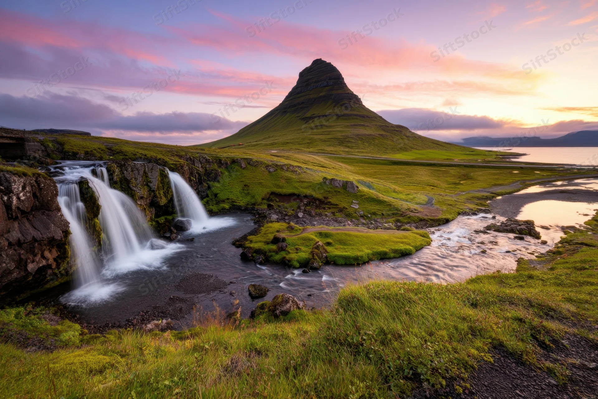 Conical mountain with cascading waterfall and green meadows at sunset in iceland