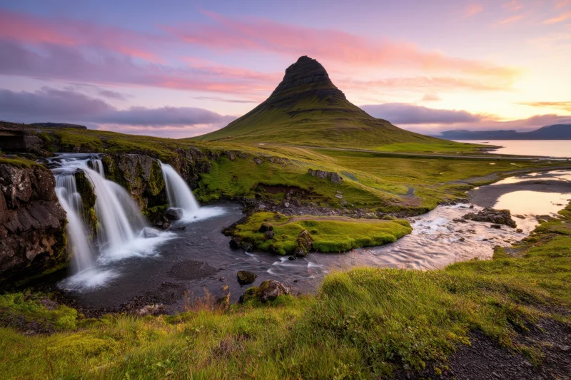 Conical mountain with cascading waterfall and green meadows at sunset in iceland