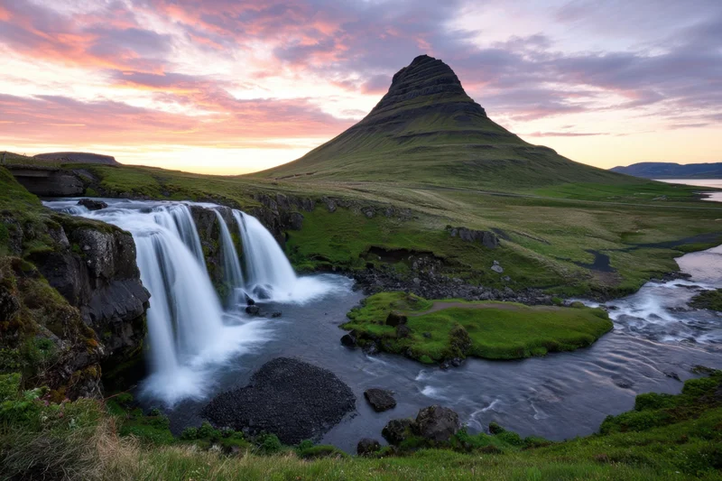 Conical mountain with cascading waterfall at sunset in icelandic landscape