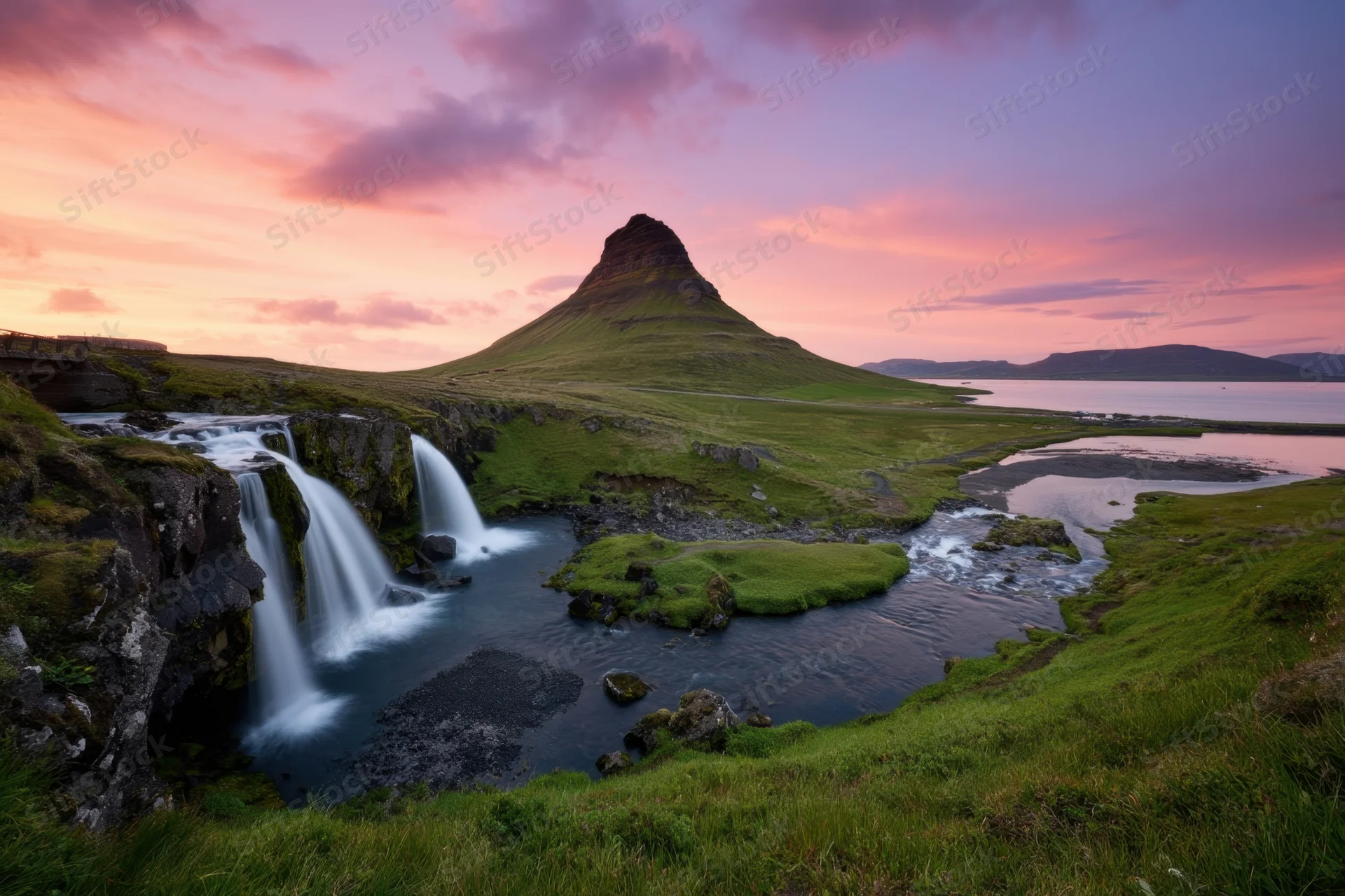 Conical mountain with cascading waterfall at sunset in icelandic landscape